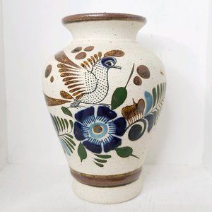 Vintage Tonala Pottery Vase Signed RS Mexico, 6", Boho, Folk Art, Blue Bird, EUC